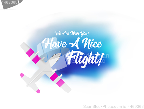 Image of Plane flying in the clouds with the wish of a have a nice flight. Vector top view illustartion