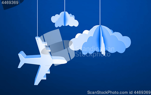 Image of Paper flying plane in cut out paper clouds. Vector illustration in origami style on blue sky