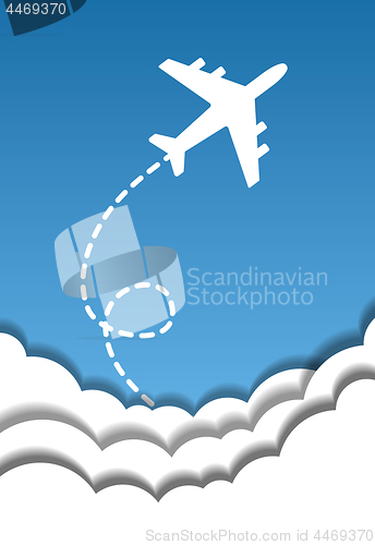 Image of Flying airplane on a background of blue sky and cut out paper clouds in origami style. Vector