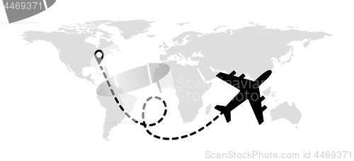 Image of Flying plane on the background of the world map with a path from the departure point. Vector