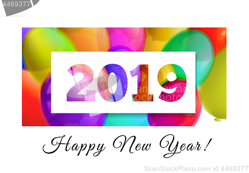 Image of Happy New Year 2019 congratulation on the background of colored balls. The numbers are cut in paper. Vector close-up illustration