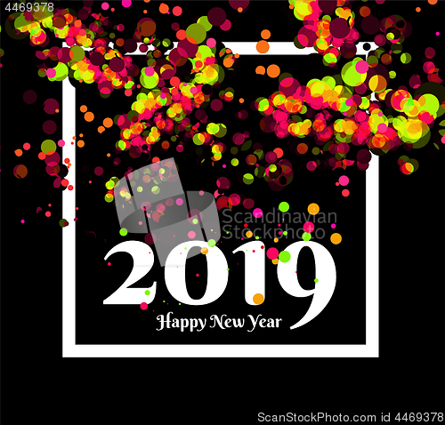 Image of Happy New Year 2019 party greeting with confetti on the background. Vector