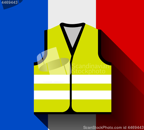 Image of Yellow vests, as a symbol of protests in France against rising fuel prices. Yellow jacket revolution. Vector illustration against the flag of France with long shadow