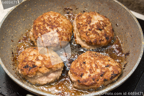 Image of Homemade chicken cutlets fried in a pan