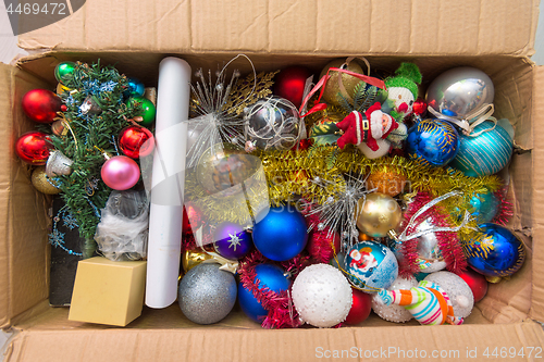 Image of Christmas tree toys in the box
