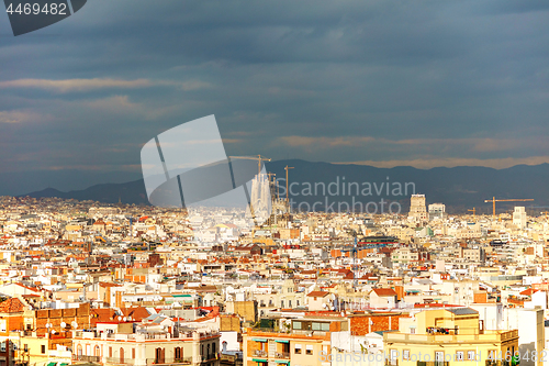 Image of Aerial overview with Sagrada Familia on a sunny day