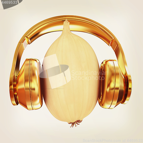 Image of Ripe onion with gold headphones front \"face\" on a white backgrou