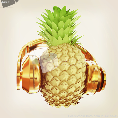 Image of Fashion gold pineapple with headphones listens to music. 3d illu