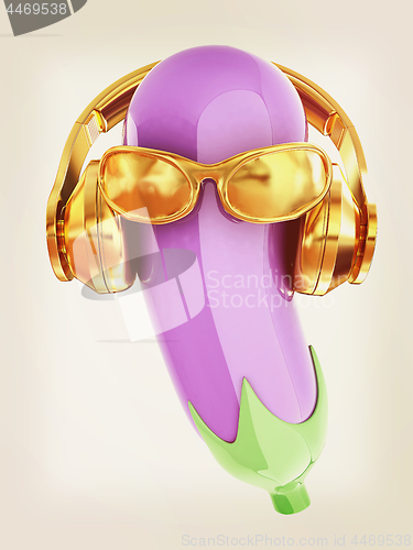 Image of eggplant with sun glass and headphones front \"face\" on a white b