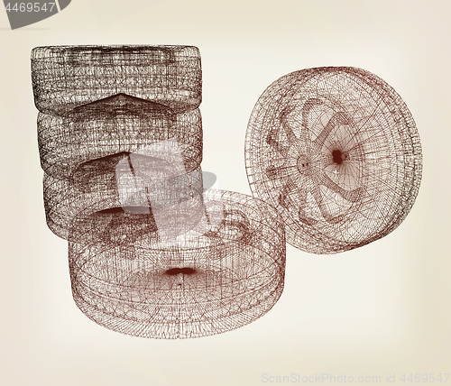 Image of computer drawing of car wheel. Top view. 3d illustration. Vintag