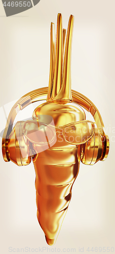 Image of Gold carrot with sun glass and headphones front \"face\" on a whit