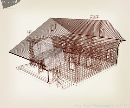 Image of line drawing of house. Top view. 3d illustration. Vintage style