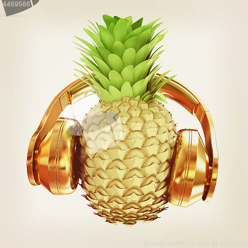 Image of Fashion gold pineapple with headphones listens to music. 3d illu