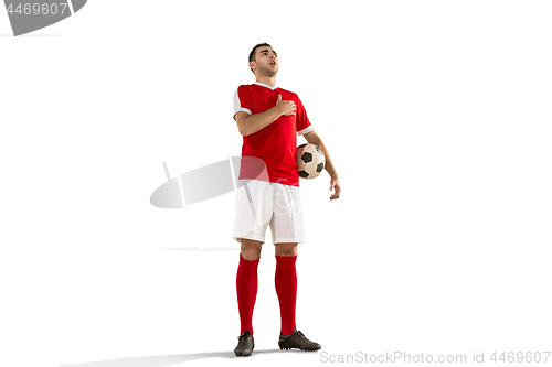 Image of Professional football soccer player with ball isolated white background