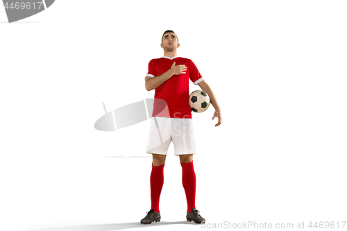 Image of Professional football soccer player with ball isolated white background