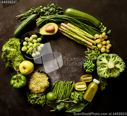 Image of Green healthy food composition with avocado, broccoli, apple, smoothie...