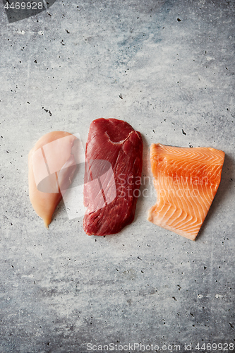Image of Fresh raw beef steak, chicken breast, and salmon fillet