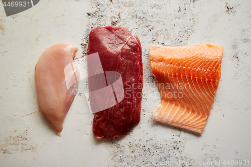 Image of Fresh raw beef steak, chicken breast, and salmon fillet