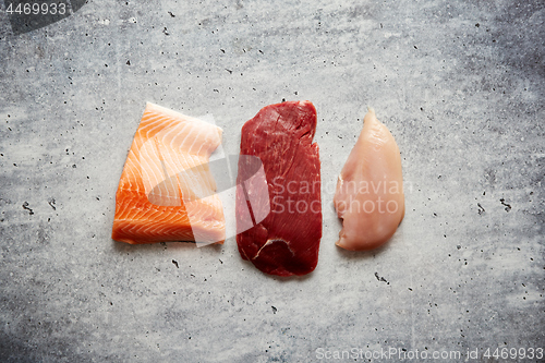 Image of Fresh raw beef steak, chicken breast, and salmon fillet