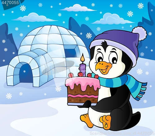 Image of Penguin holding cake theme image 5