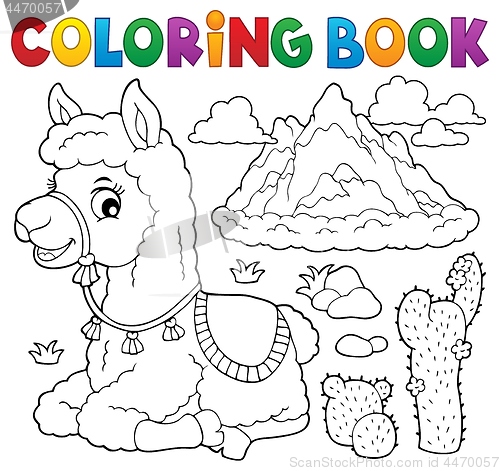 Image of Coloring book llama near mountain