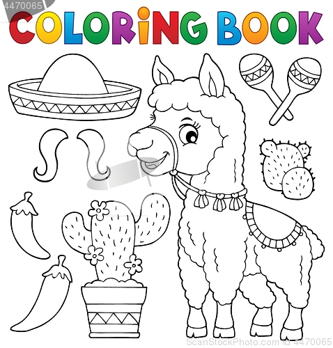 Image of Coloring book llama and objects set 1