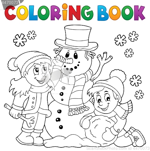 Image of Coloring book kids building snowman 1