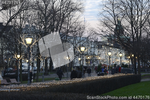 Image of HELSINKI, FINLAND – DECEMBER6, 2018: Christmas lights on the E