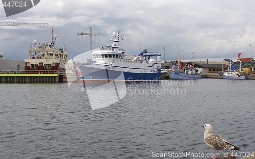 Image of Danish fishing boat in harbour.