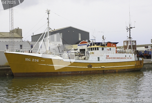 Image of Danish fishing boat in harbour.