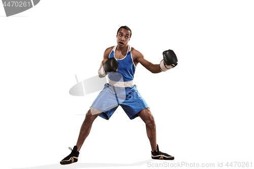 Image of Sporty man during boxing exercise making hit. Photo of boxer on white background