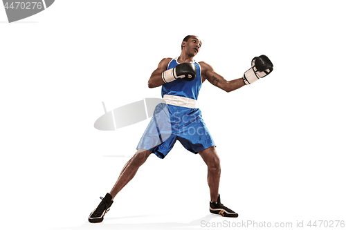 Image of Sporty man during boxing exercise making hit. Photo of boxer on white background