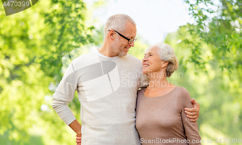 Image of senior couple hugging over natural background