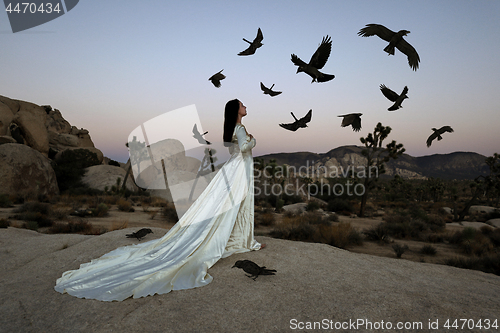 Image of Abstract Concept of Girl Surrounded by Black Birds Representing 