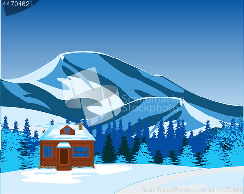 Image of Small lodge misplaced amongst snow and mountains