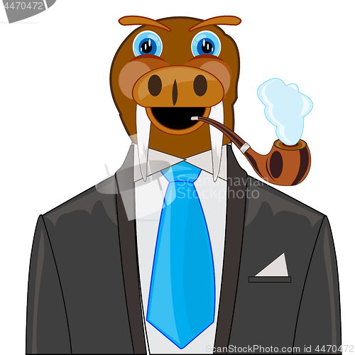 Image of Cartoon animal walrus in fashionable suit with tie