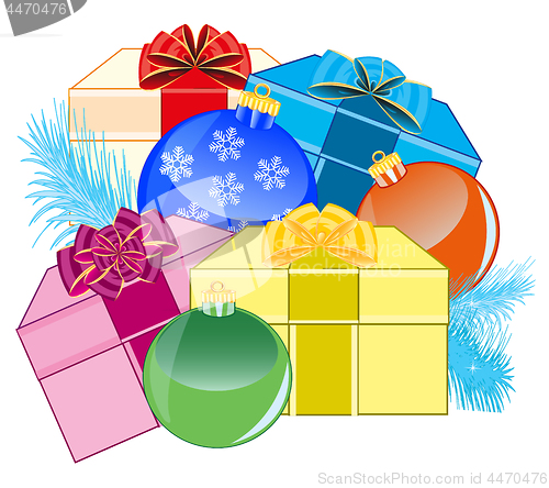 Image of Festive new years toys and gift.Vector illustration