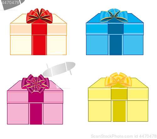 Image of Varicoloured boxes with gift decorated by bow