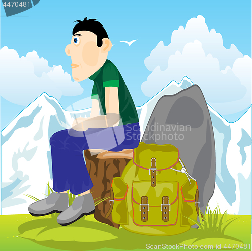 Image of Man travellier on glade on background of the snow mountains