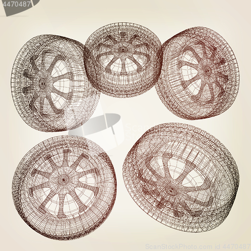 Image of computer drawing of car wheel. Top view. 3d illustration. Vintag