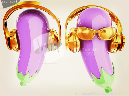 Image of eggplant with sun glass and headphones front \"face\" on a white b