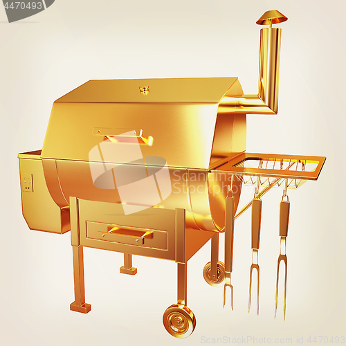 Image of Gold BBQ Grill. 3d illustration. Vintage style