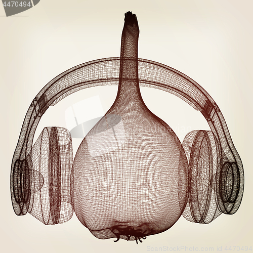 Image of Head of garlic with headphones on a white background. 3D illustr