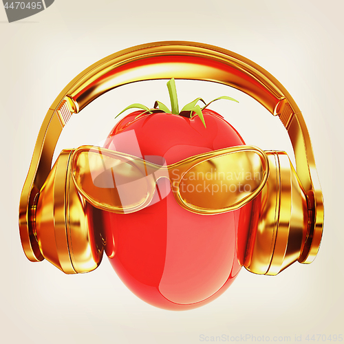 Image of tomato with sun glass and headphones front \"face\" on a white bac