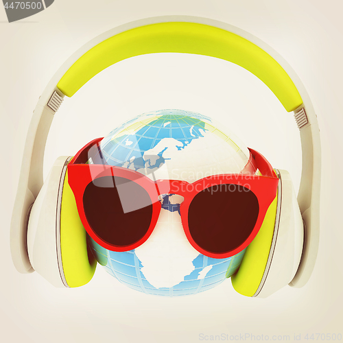 Image of Earth planet with earphones and sunglasses. 3d illustration. Vin