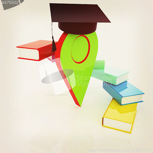 Image of Pointer of education in graduation hat with books around. 3d ill