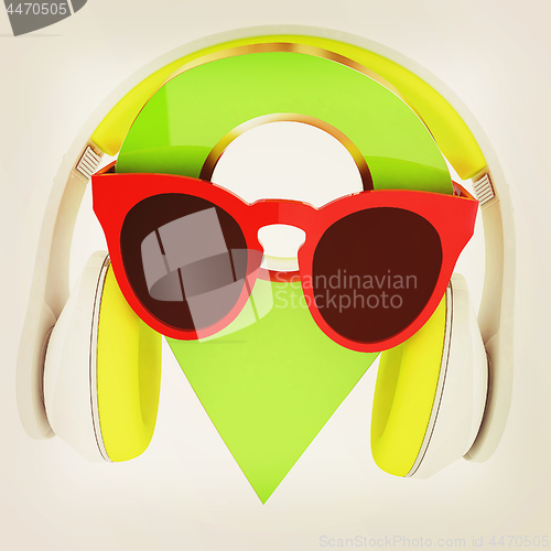 Image of Glamour map pointer in sunglasses and headphones. 3d illustratio