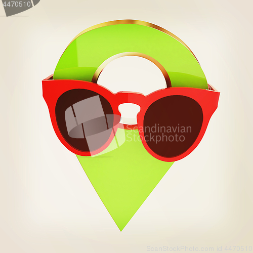 Image of Glamour map pointer in sunglasses. 3d illustration. Vintage styl