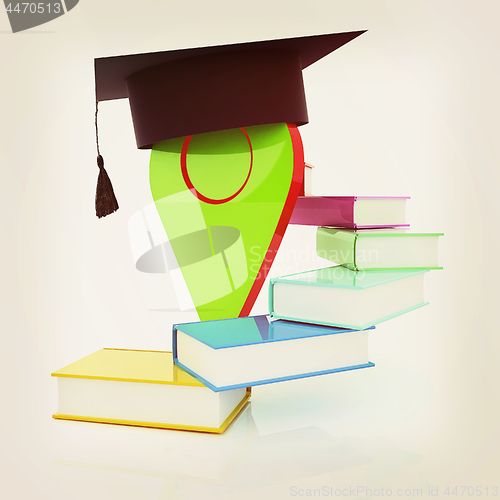 Image of Pointer of education in graduation hat with books around. 3d ill