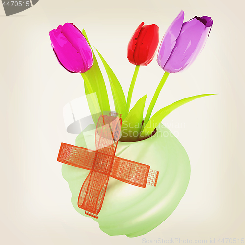 Image of Fresh spring tulips in a vase vith ribbon. 3d illustration. Vint